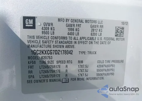 2013 Chevrolet Silverado 2500Hd Lt z USA, uszkodzony, nr VIN 1GC2KXCG7DZ178042